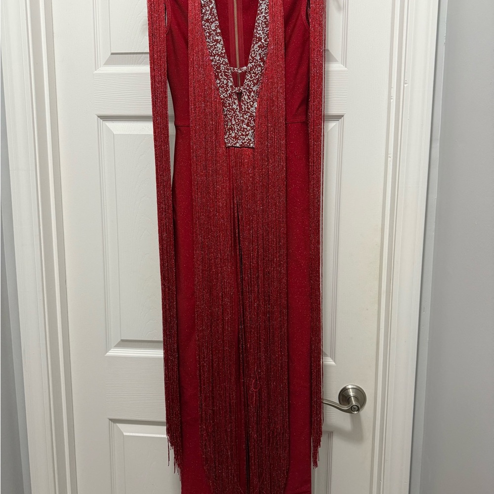 Elegant Red Short Sleeve Romper with Fringe